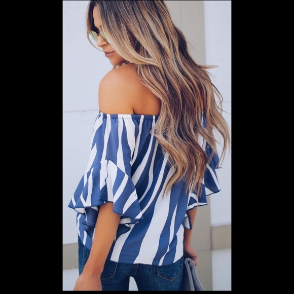 Blue/white striped off the shoulder tie front top - Picture 2 of 2